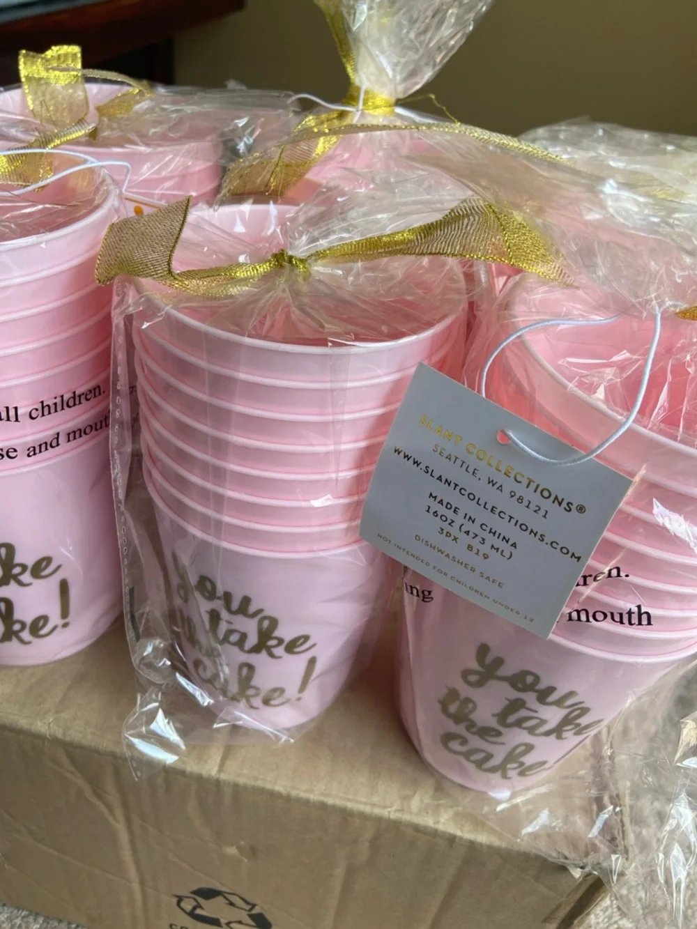 Bundle of 6 Packs Pink Disposable Party Cup with Gold 'You Take the Cake' Script